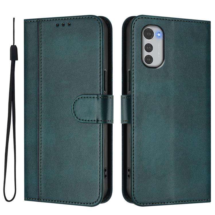 For Motorola Moto E32 4G Global Line Splicing Buckle Retro Leather Phone Case(Dark Green)