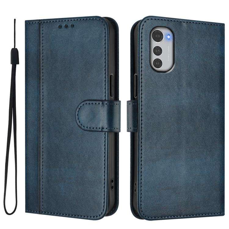 For Motorola Moto E32 4G Global Line Splicing Buckle Retro Leather Phone Case(Dark Blue)