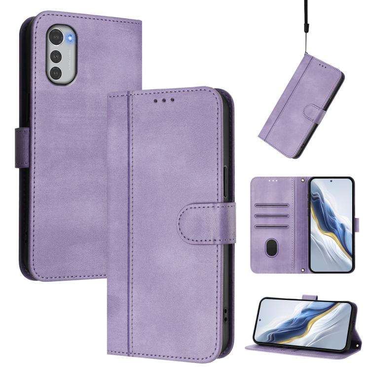 For Motorola Moto E32 4G Global Line Splicing Buckle Retro Leather Phone Case(Purple)