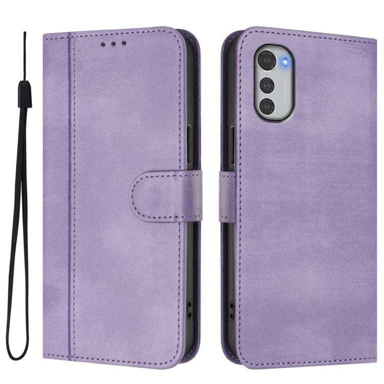 For Motorola Moto E32 4G Global Line Splicing Buckle Retro Leather Phone Case(Purple)