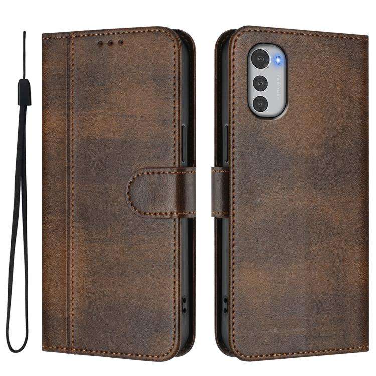 For Motorola Moto E32 4G Global Line Splicing Buckle Retro Leather Phone Case(Brown)