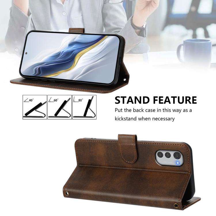 For Motorola Moto E32 4G Global Line Splicing Buckle Retro Leather Phone Case(Brown)