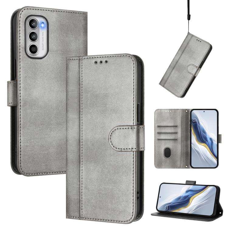 For Motorola Moto G 5G 2022 Line Splicing Buckle Retro Leather Phone Case(Grey)
