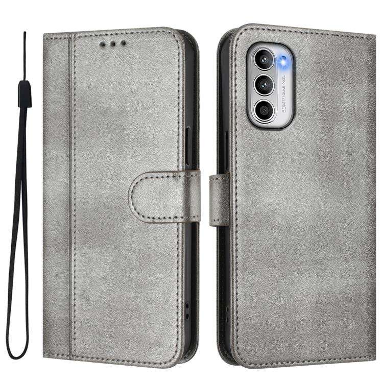 For Motorola Moto G 5G 2022 Line Splicing Buckle Retro Leather Phone Case(Grey)