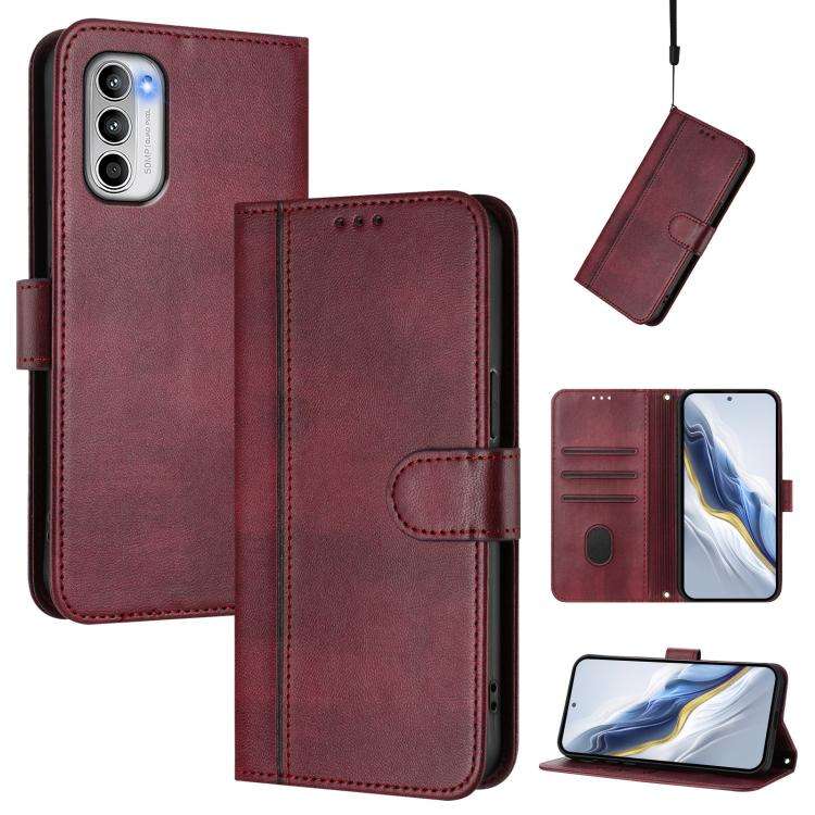 For Motorola Moto G 5G 2022 Line Splicing Buckle Retro Leather Phone Case(Wine Red)