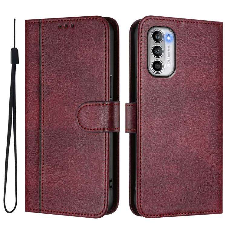 For Motorola Moto G 5G 2022 Line Splicing Buckle Retro Leather Phone Case(Wine Red)