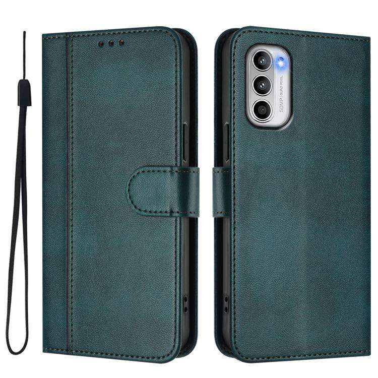 For Motorola Moto G 5G 2022 Line Splicing Buckle Retro Leather Phone Case(Dark Green)