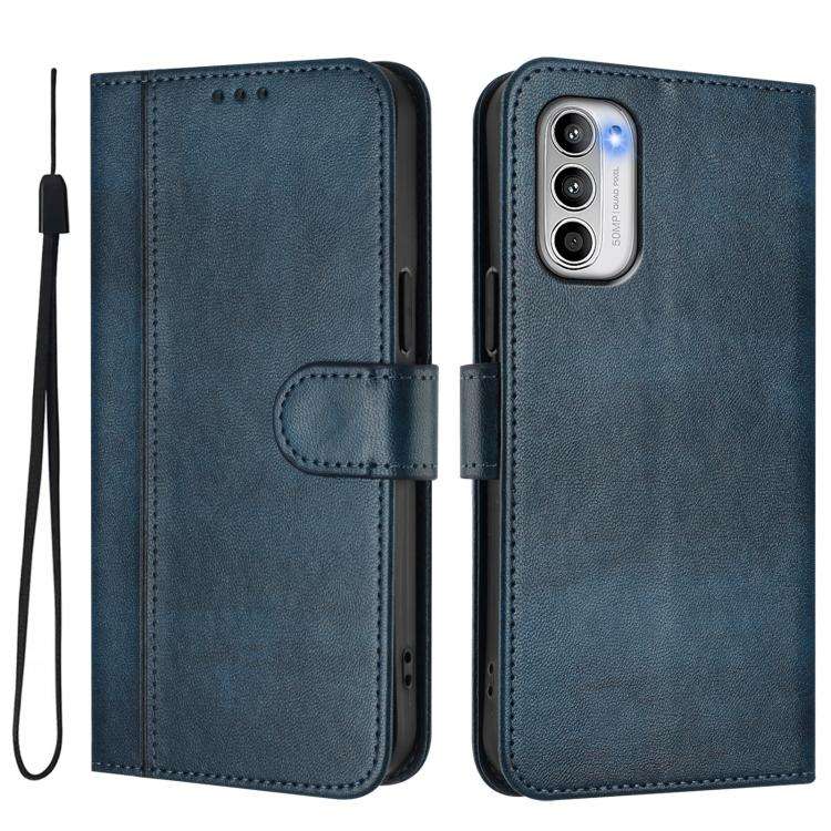 For Motorola Moto G 5G 2022 Line Splicing Buckle Retro Leather Phone Case(Dark Blue)