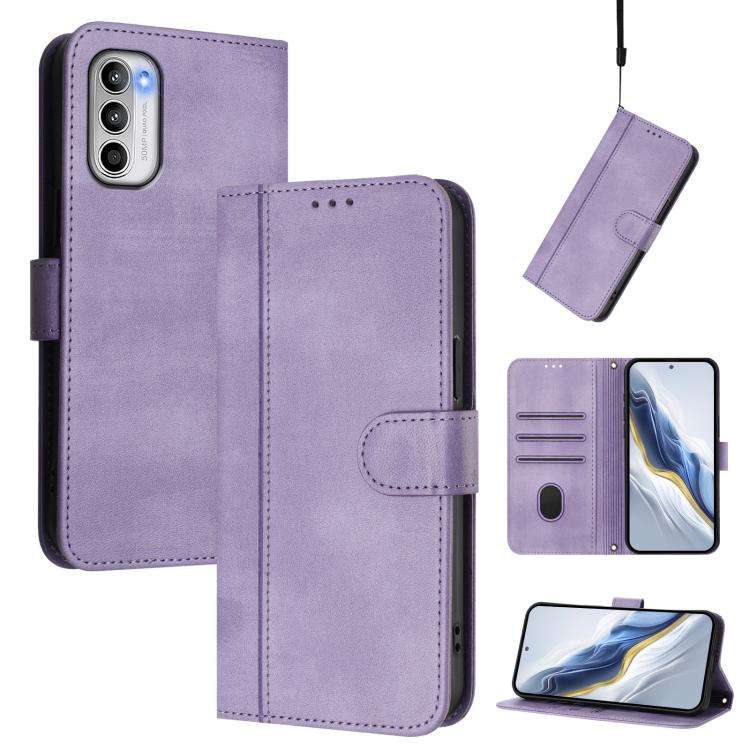 For Motorola Moto G 5G 2022 Line Splicing Buckle Retro Leather Phone Case(Purple)