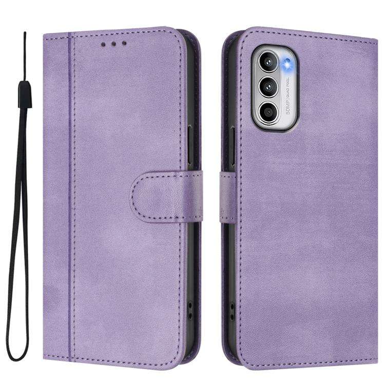 For Motorola Moto G 5G 2022 Line Splicing Buckle Retro Leather Phone Case(Purple)