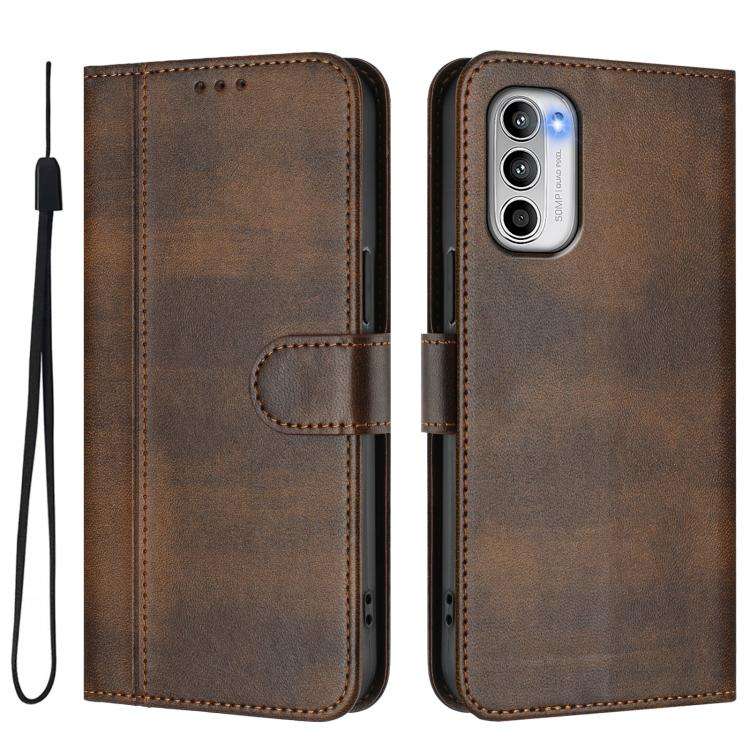 For Motorola Moto G 5G 2022 Line Splicing Buckle Retro Leather Phone Case(Brown)