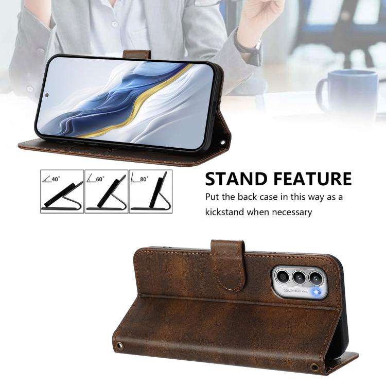 For Motorola Moto G 5G 2022 Line Splicing Buckle Retro Leather Phone Case(Brown)