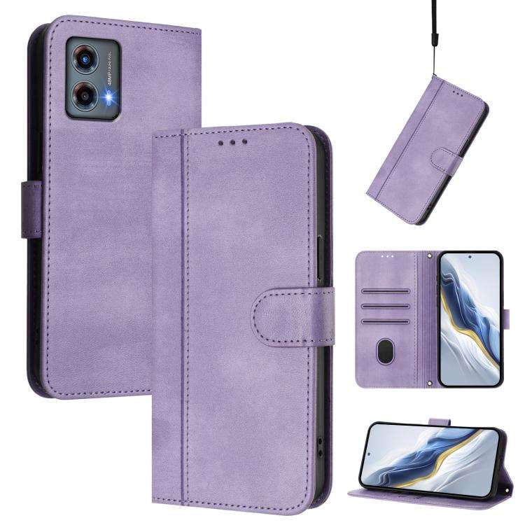 For Motorola Moto G 5G 2023 Line Splicing Buckle Retro Leather Phone Case(Purple)