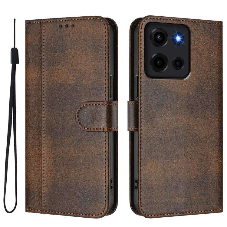 For Motorola Moto G 5G 2025 Line Splicing Buckle Retro Leather Phone Case(Brown)