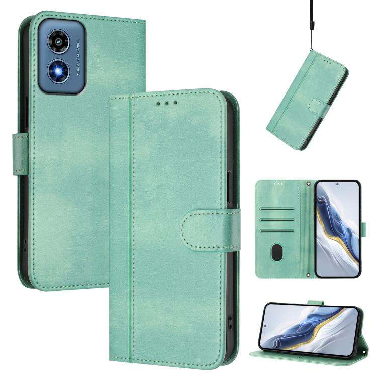 For Motorola Moto G Play 4G 2024 Global Line Splicing Buckle Retro Leather Phone Case(Mint)