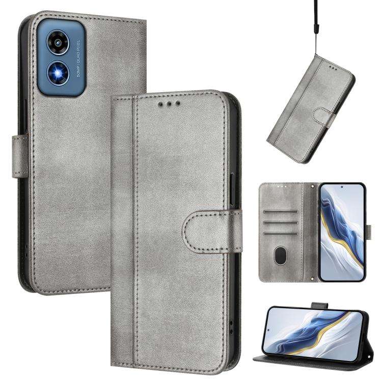 For Motorola Moto G Play 4G 2024 Global Line Splicing Buckle Retro Leather Phone Case(Grey)