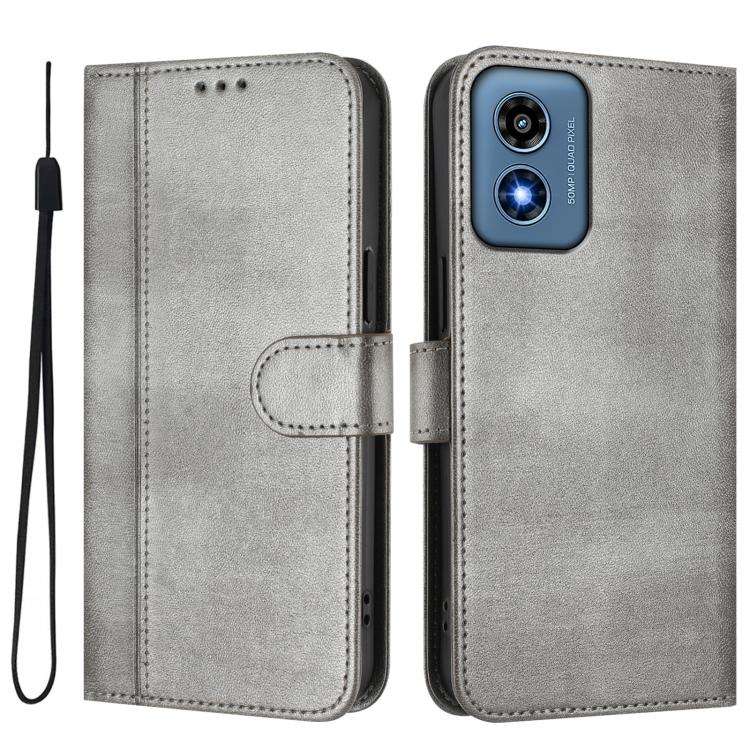 For Motorola Moto G Play 4G 2024 Global Line Splicing Buckle Retro Leather Phone Case(Grey)