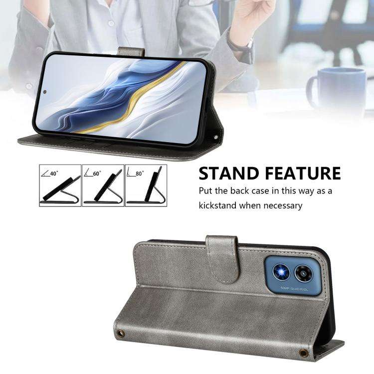 For Motorola Moto G Play 4G 2024 Global Line Splicing Buckle Retro Leather Phone Case(Grey)
