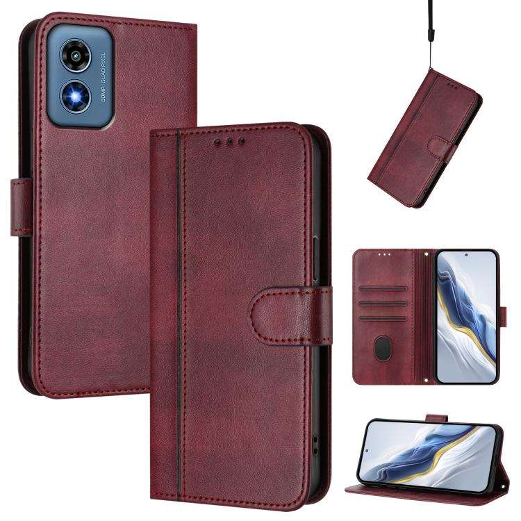 For Motorola Moto G Play 4G 2024 Global Line Splicing Buckle Retro Leather Phone Case(Wine Red)