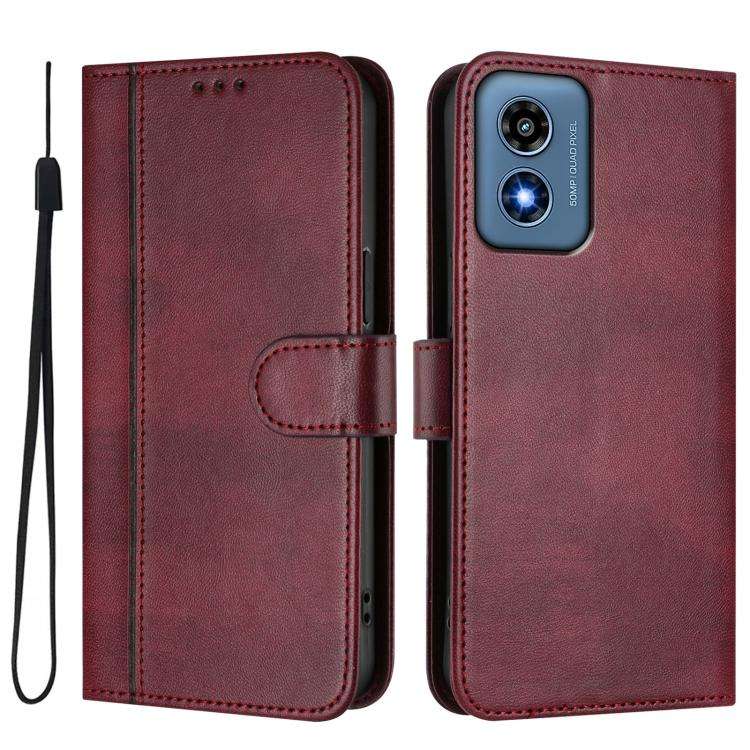 For Motorola Moto G Play 4G 2024 Global Line Splicing Buckle Retro Leather Phone Case(Wine Red)