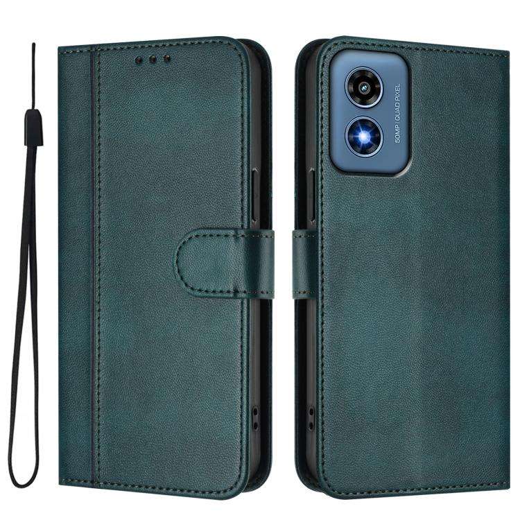 For Motorola Moto G Play 4G 2024 Global Line Splicing Buckle Retro Leather Phone Case(Dark Green)