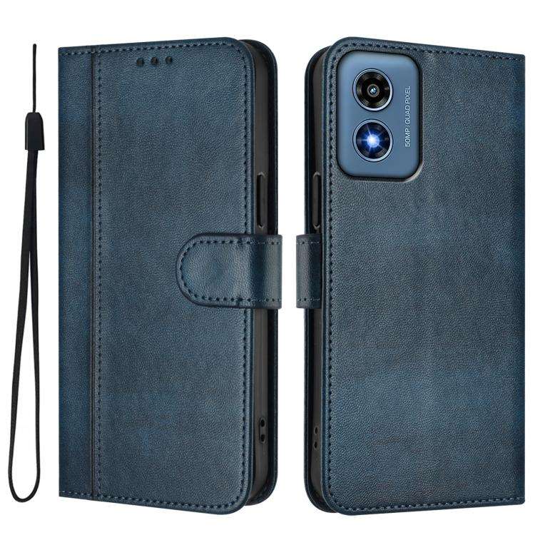For Motorola Moto G Play 4G 2024 Global Line Splicing Buckle Retro Leather Phone Case(Dark Blue)