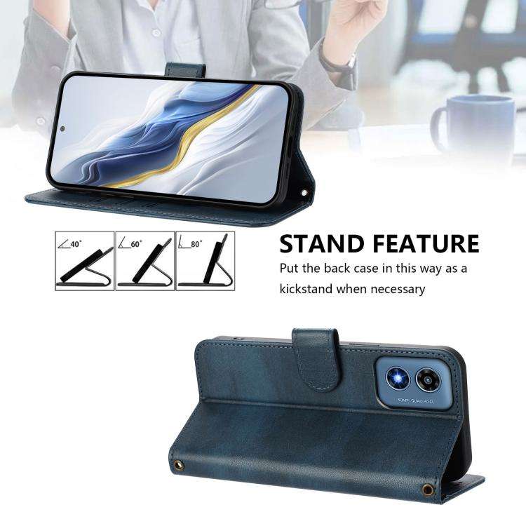 For Motorola Moto G Play 4G 2024 Global Line Splicing Buckle Retro Leather Phone Case(Dark Blue)
