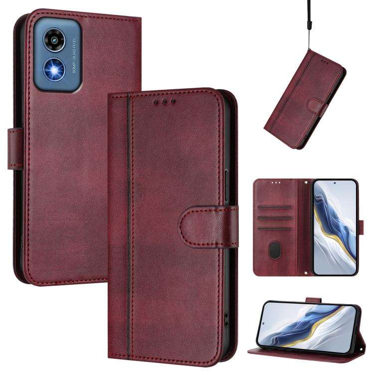 For Motorola Moto G Play 5G 2024 Global Line Splicing Buckle Retro Leather Phone Case(Wine Red)