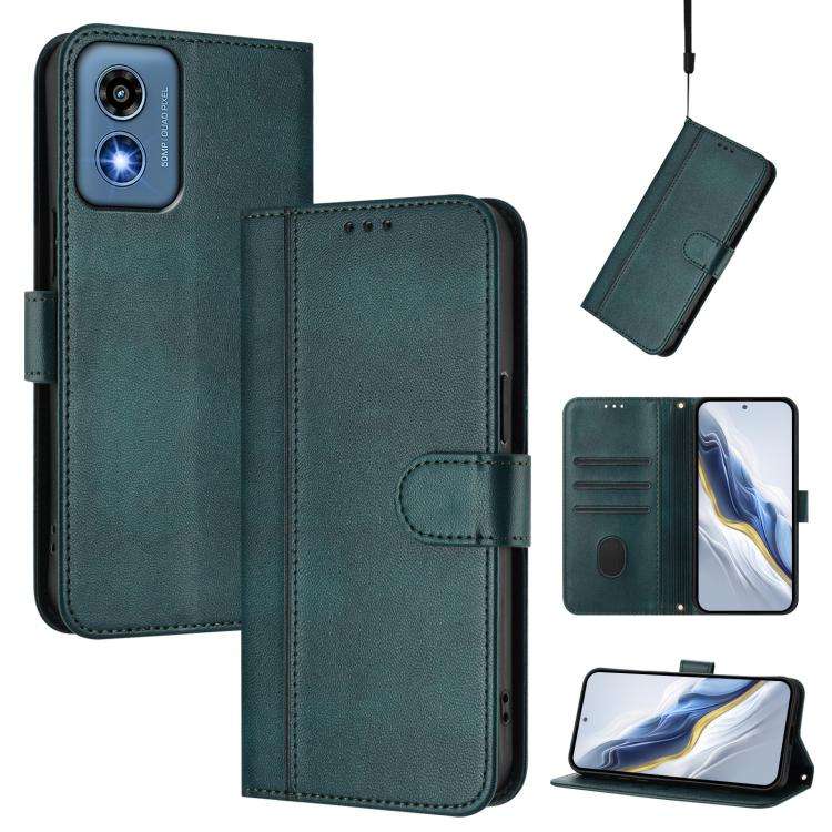 For Motorola Moto G Play 5G 2024 Global Line Splicing Buckle Retro Leather Phone Case(Dark Green)