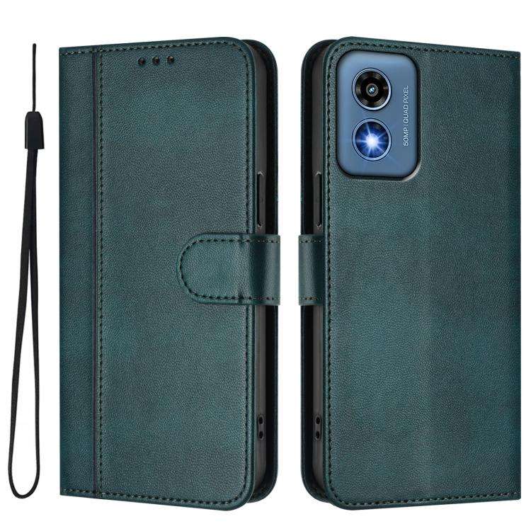For Motorola Moto G Play 5G 2024 Global Line Splicing Buckle Retro Leather Phone Case(Dark Green)