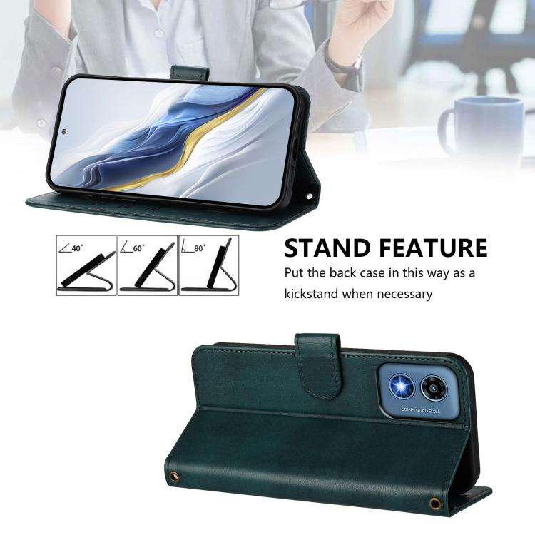 For Motorola Moto G Play 5G 2024 Global Line Splicing Buckle Retro Leather Phone Case(Dark Green)