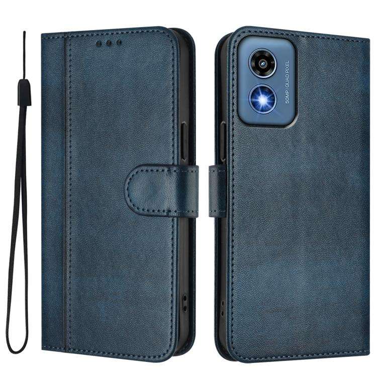 For Motorola Moto G Play 5G 2024 Global Line Splicing Buckle Retro Leather Phone Case(Dark Blue)