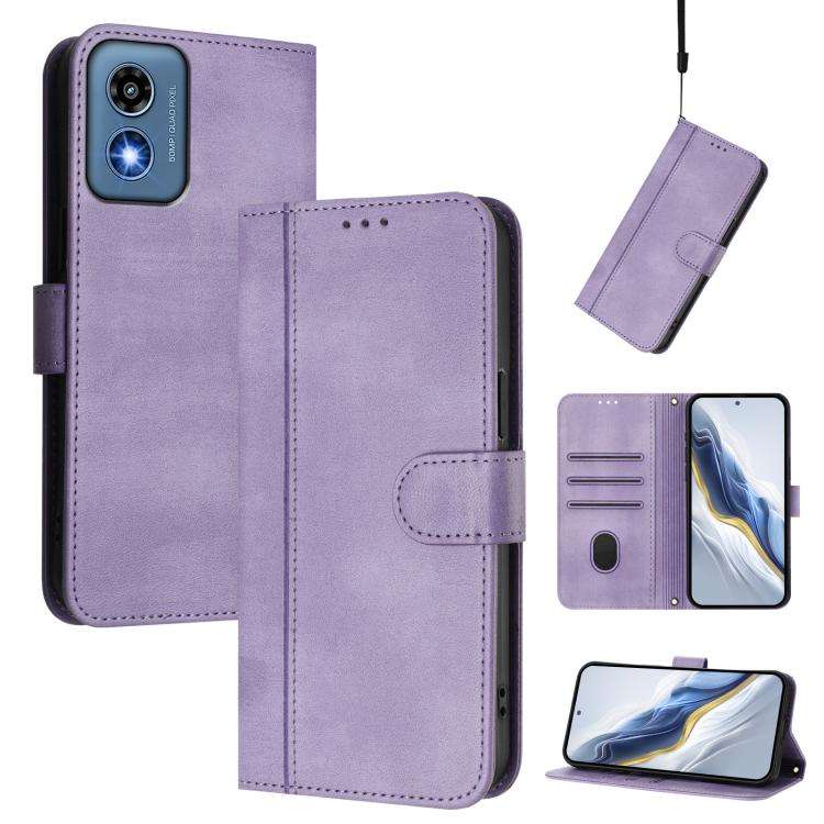 For Motorola Moto G Play 5G 2024 Global Line Splicing Buckle Retro Leather Phone Case(Purple)