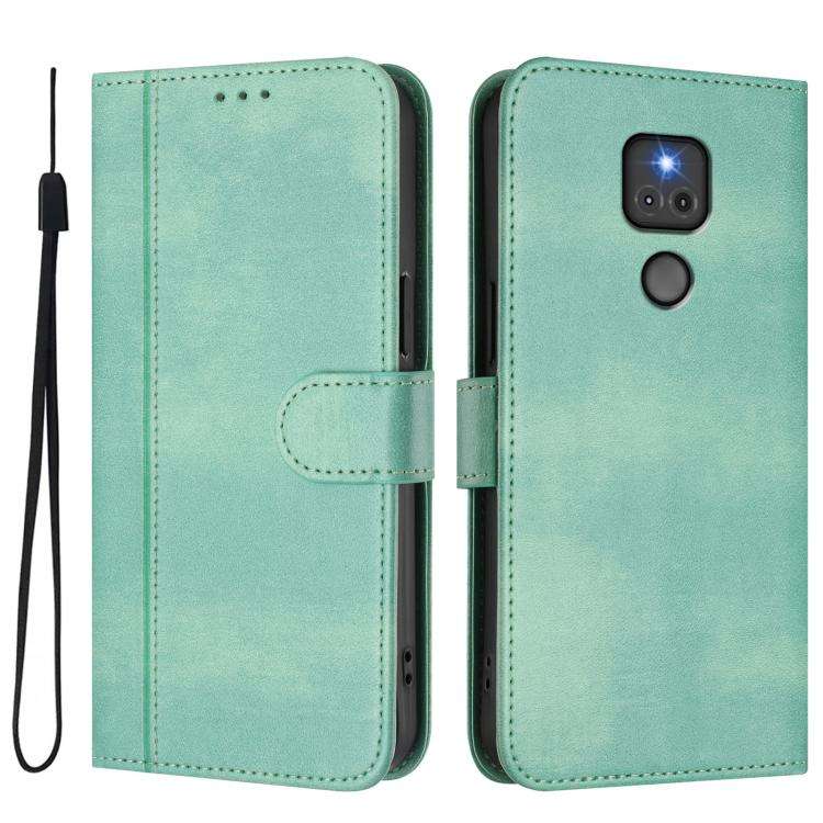 For Motorola Moto G Play 2021 Line Splicing Buckle Retro Leather Phone Case(Mint)
