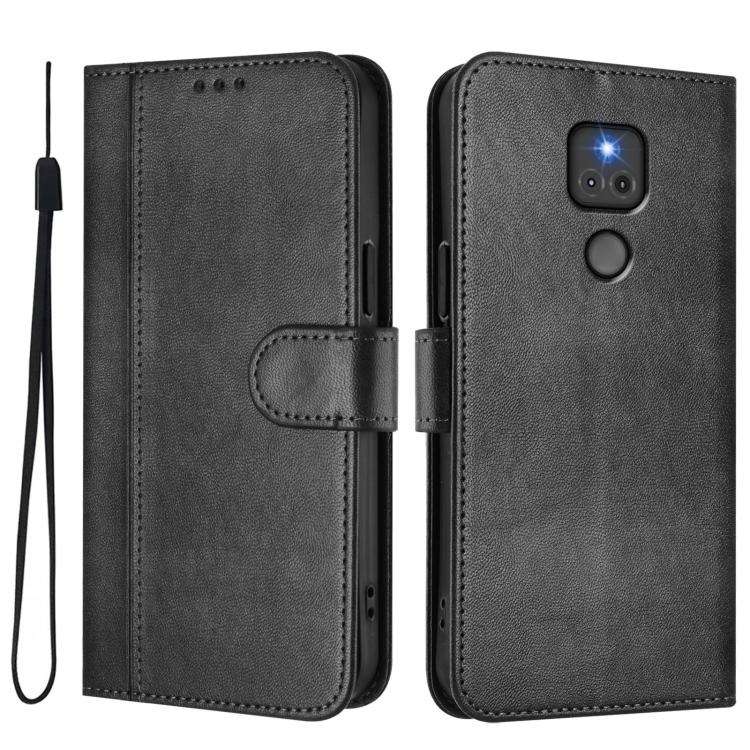 For Motorola Moto G Play 2021 Line Splicing Buckle Retro Leather Phone Case(Black)