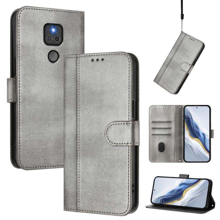 For Motorola Moto G Play 2021 Line Splicing Buckle Retro Leather Phone Case(Grey)