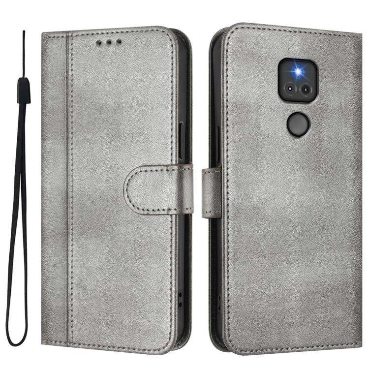 For Motorola Moto G Play 2021 Line Splicing Buckle Retro Leather Phone Case(Grey)