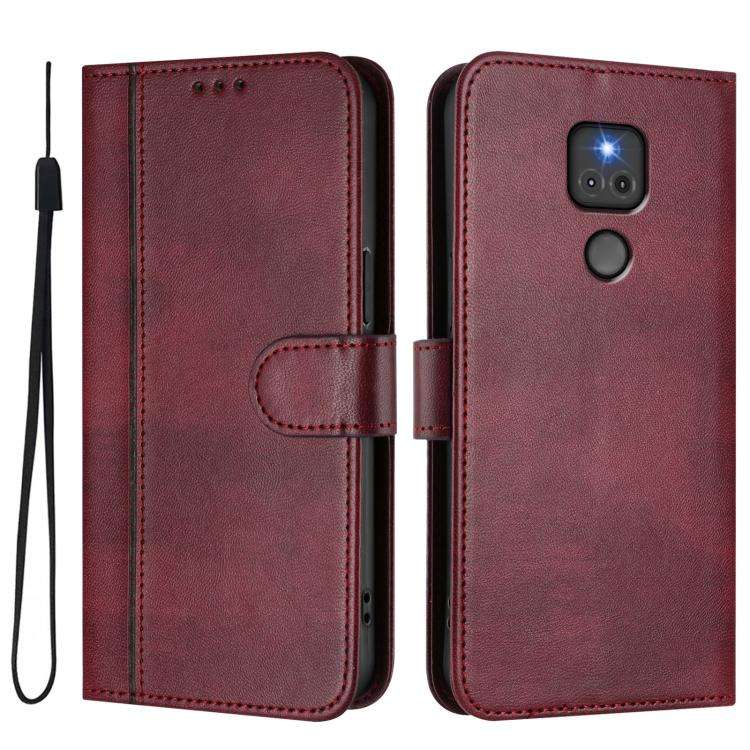 For Motorola Moto G Play 2021 Line Splicing Buckle Retro Leather Phone Case(Wine Red)
