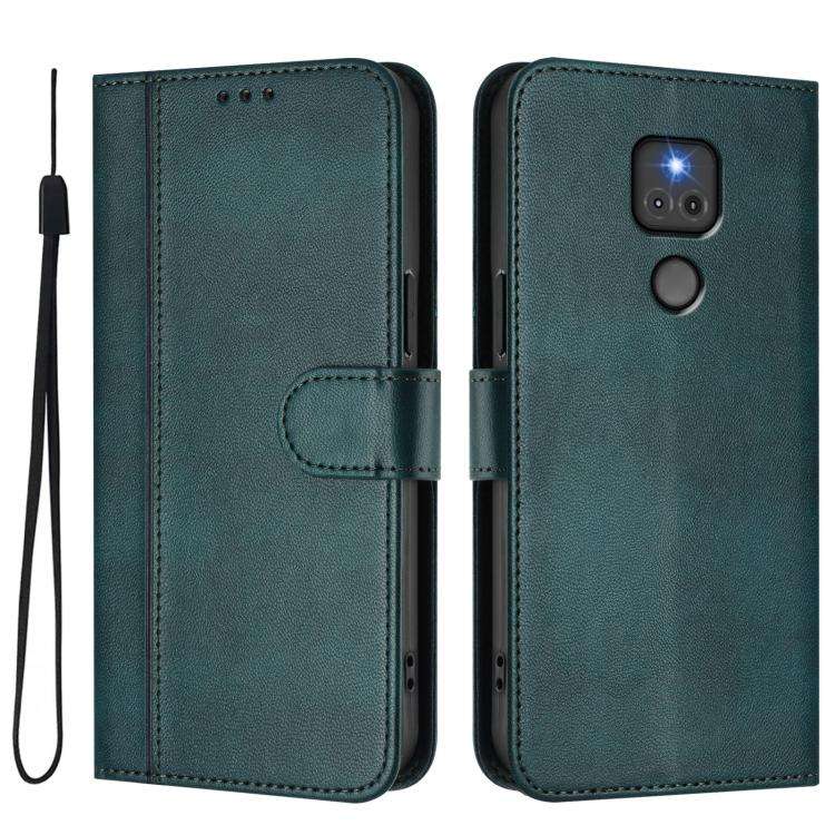 For Motorola Moto G Play 2021 Line Splicing Buckle Retro Leather Phone Case(Dark Green)