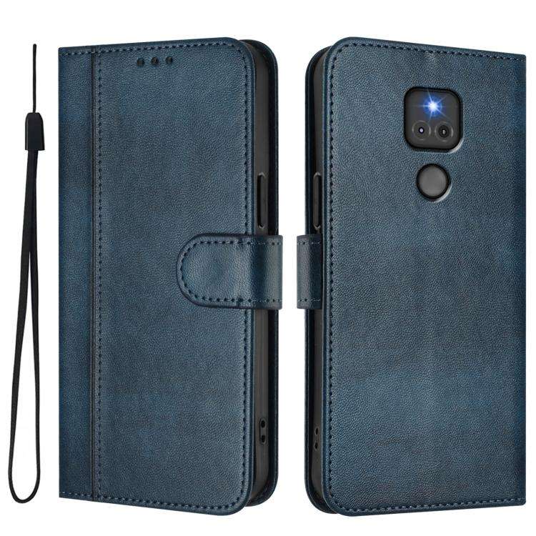 For Motorola Moto G Play 2021 Line Splicing Buckle Retro Leather Phone Case(Dark Blue)