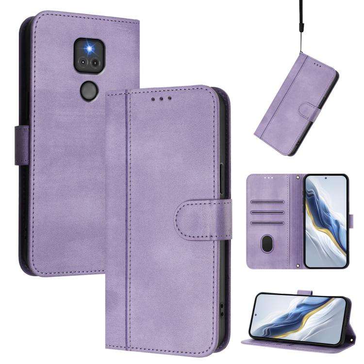 For Motorola Moto G Play 2021 Line Splicing Buckle Retro Leather Phone Case(Purple)