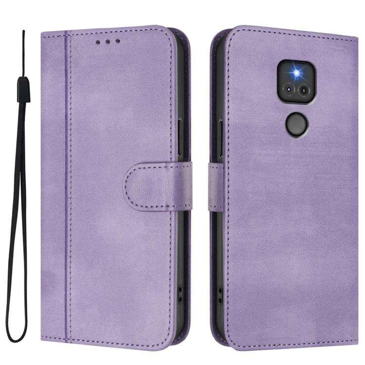 For Motorola Moto G Play 2021 Line Splicing Buckle Retro Leather Phone Case(Purple)