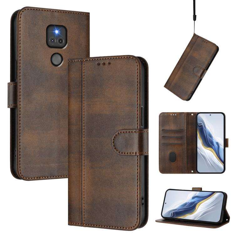 For Motorola Moto G Play 2021 Line Splicing Buckle Retro Leather Phone Case(Brown)