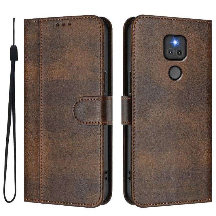 For Motorola Moto G Play 2021 Line Splicing Buckle Retro Leather Phone Case(Brown)