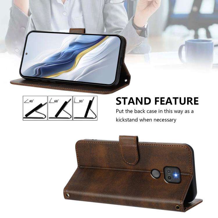 For Motorola Moto G Play 2021 Line Splicing Buckle Retro Leather Phone Case(Brown)