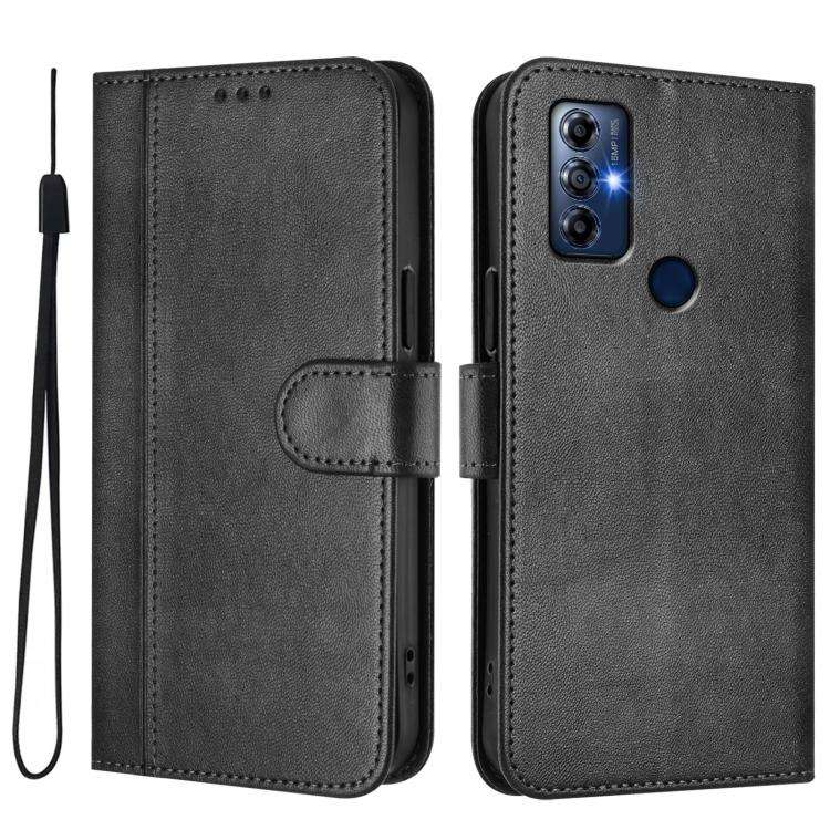 For Motorola Moto G Play 2022 Line Splicing Buckle Retro Leather Phone Case(Black)