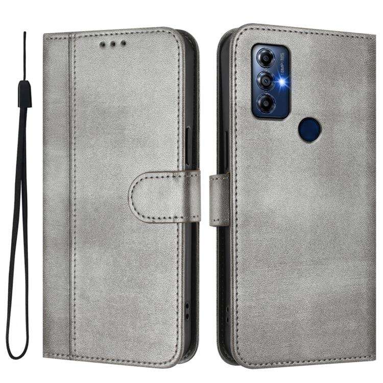 For Motorola Moto G Play 2022 Line Splicing Buckle Retro Leather Phone Case(Grey)