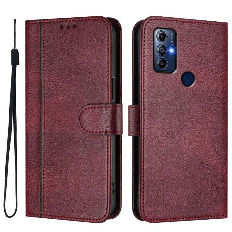 For Motorola Moto G Play 2022 Line Splicing Buckle Retro Leather Phone Case(Wine Red)