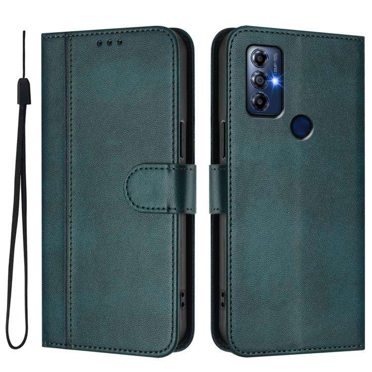 For Motorola Moto G Play 2022 Line Splicing Buckle Retro Leather Phone Case(Dark Green)