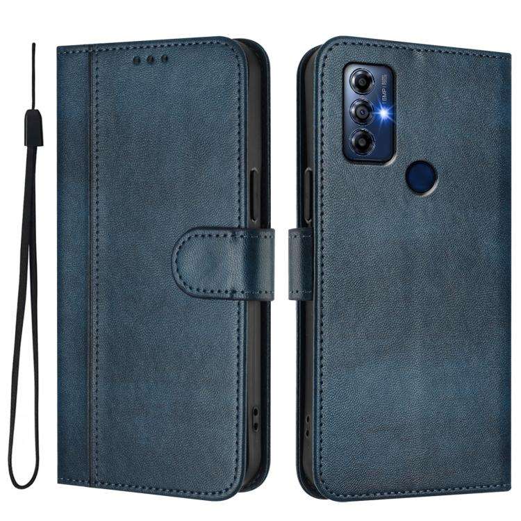 For Motorola Moto G Play 2022 Line Splicing Buckle Retro Leather Phone Case(Dark Blue)